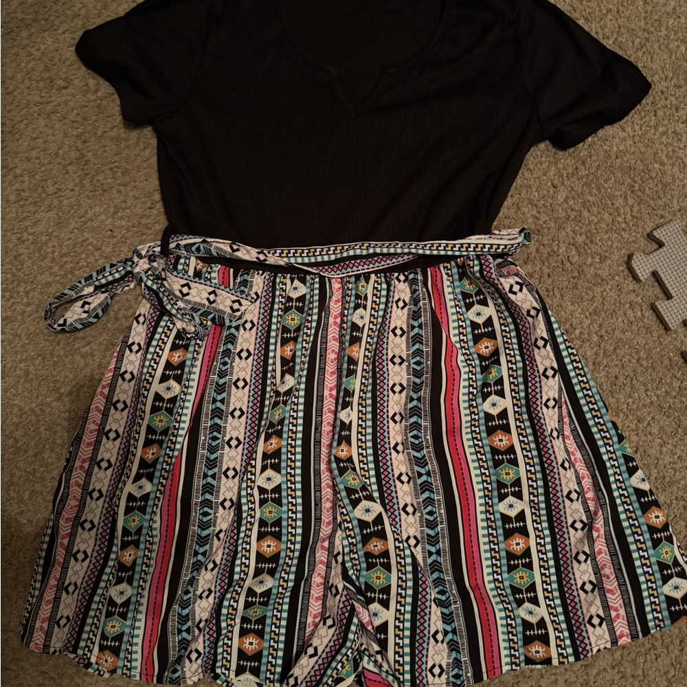 Black Top with Multicolor Patterned Shorts